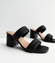 New Look Black Leather-Look Plaited Double Strap Block Heel Mules